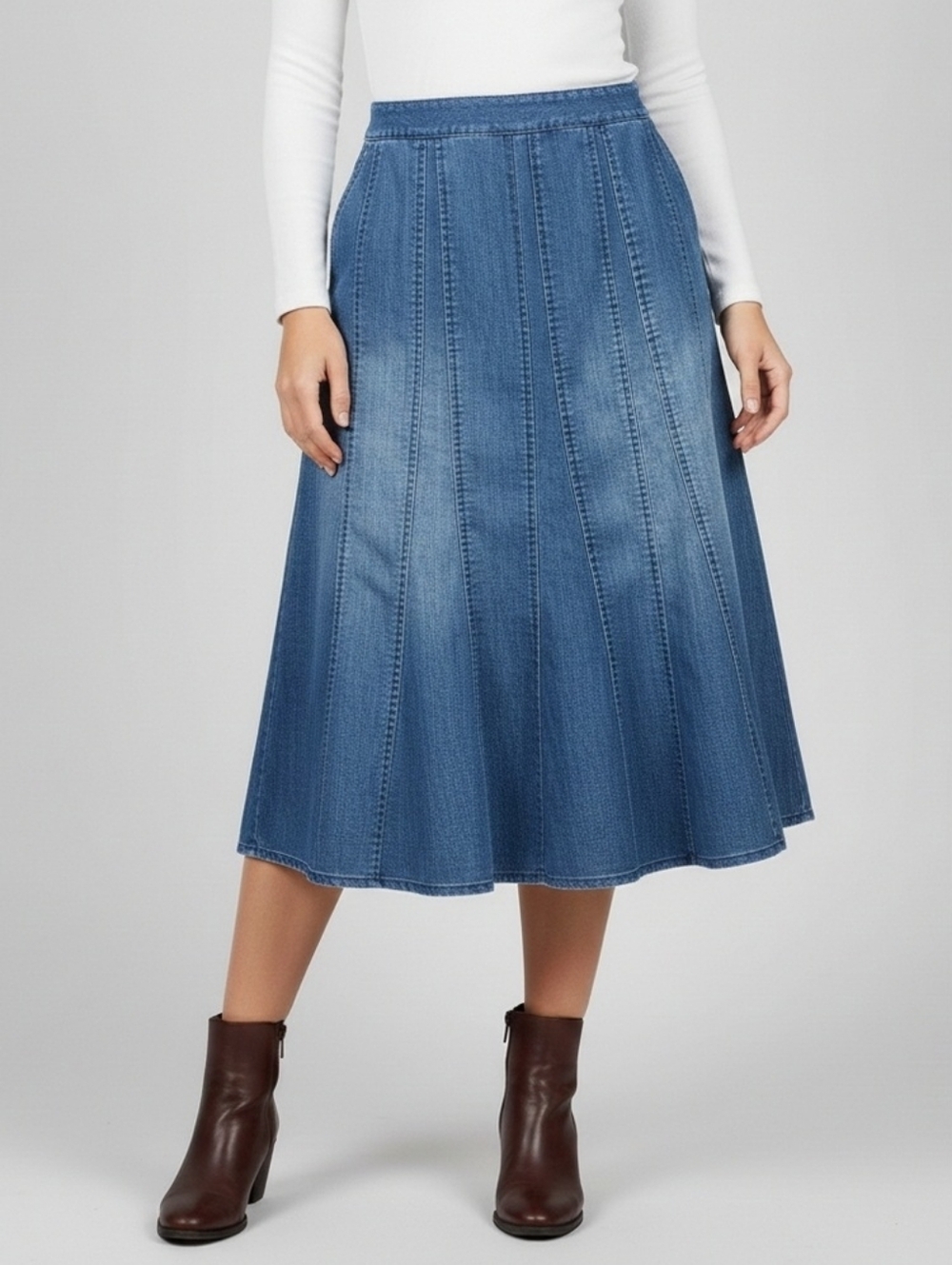 Larry Levine Blue Stretch Pleated A-Line Denim Skirt, Sz 8